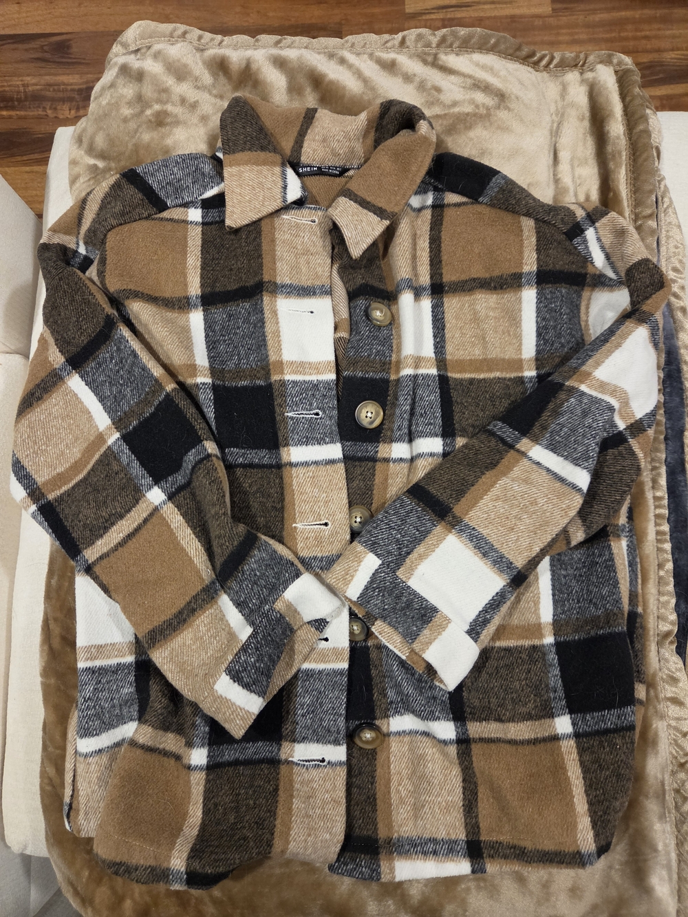SHEIN Women's Tan Black White Plaid Button-Down Oversized Shacket